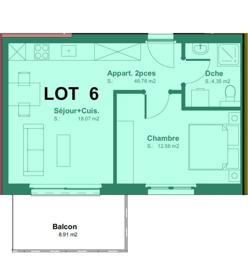 Floor plan of a 2-room apartment with a living/dining area, bedroom, bathroom, and balcony.