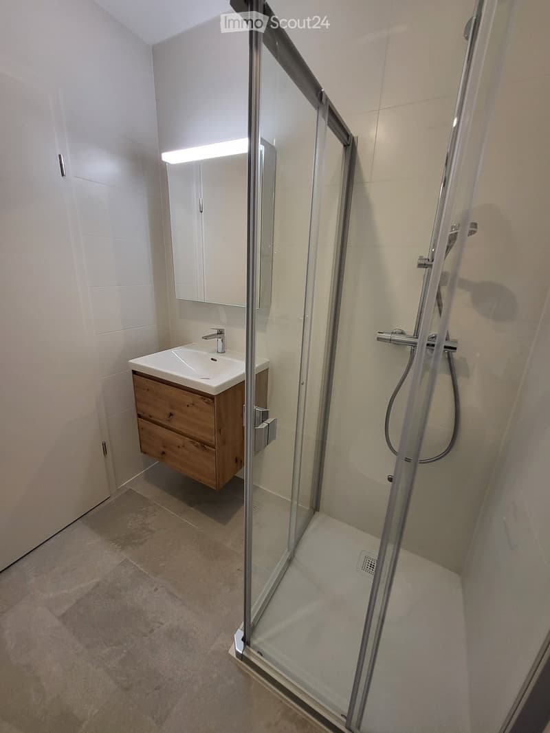 Modern bathroom with a glass-enclosed shower, a wooden vanity with a sink and mirror, and a tiled floor.