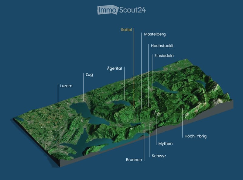 Topographical map of a region featuring names of several localities and landforms like Zug, Luzern, and rivers like Ägerital