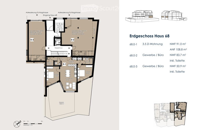 Floor plan for three units: 68.0-1 is a 3.5 room apartment, 68.0-2 and 68.0-3 are commercial/office spaces.