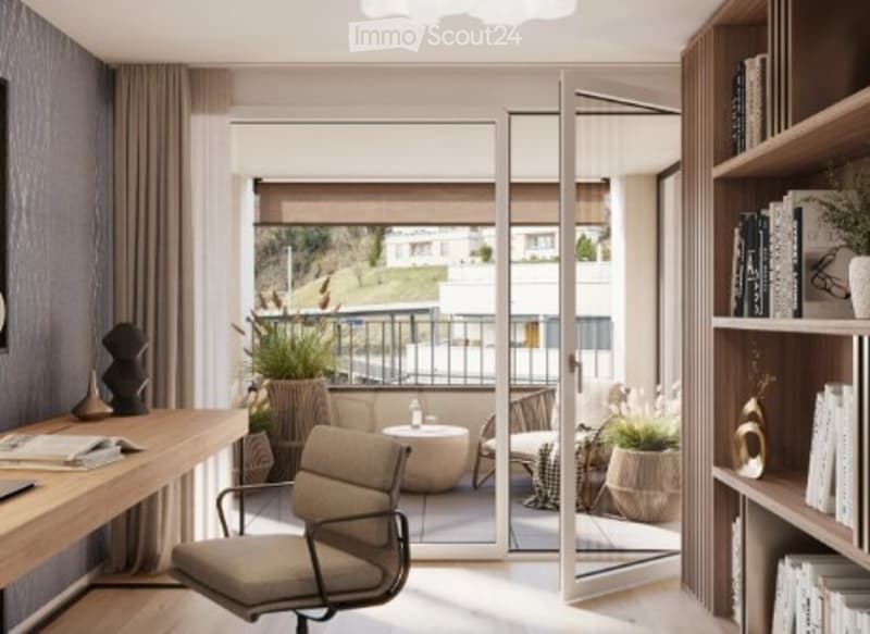 Office with wooden desk, chair, bookshelf, plants, sliding glass door to balcony