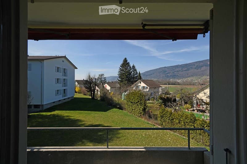 Balcony overlooking a green lawn, trees, and houses in the distance with a mountain view under a clear blue sky.
