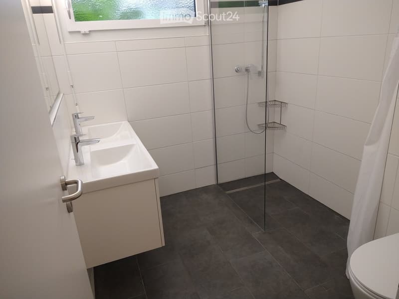 Bathroom. Bathroom with white tiles, a sink, a shower, and a toilet.
