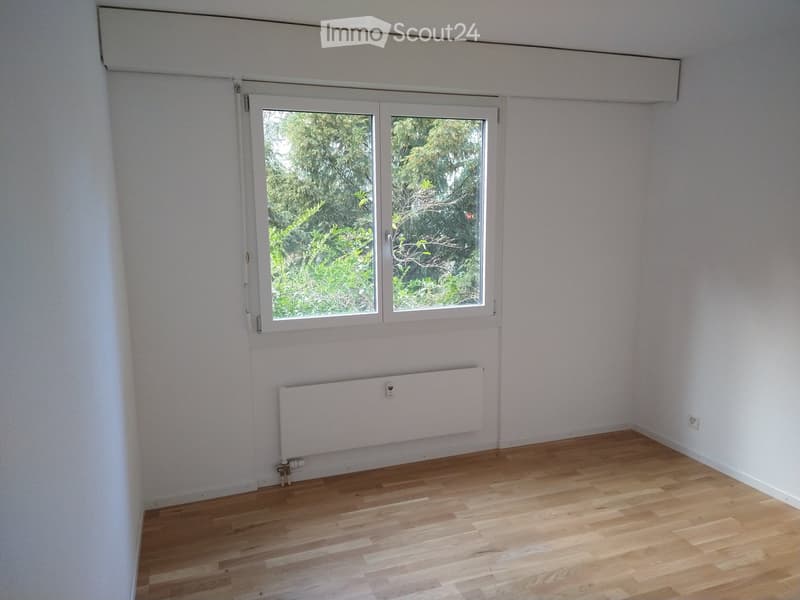 Unfurnished Room. An empty room with white walls, wooden floor, and a window with a view of trees outside. There is a white radiator on the wall below the window.