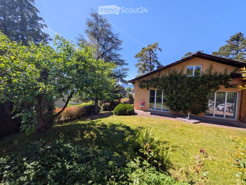 Garden / Outdoor Area. A well-maintained garden with a lawn, trees, shrubs, and a house with a covered patio and large windows.