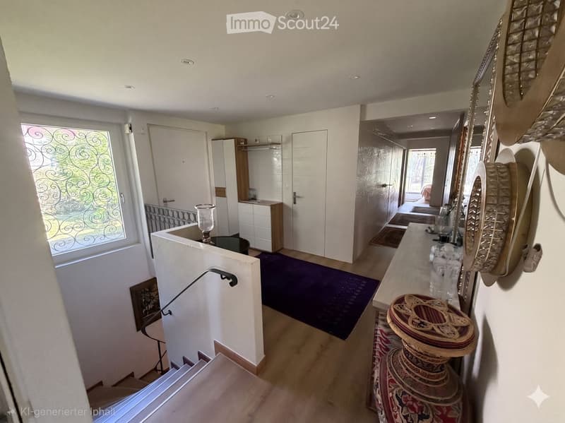Corridor / Hallway. Modern hallway with white walls, wooden flooring, and a purple runner. Features include a decorative glass vase on a small table, a white cabinet, and a staircase leading upwards.