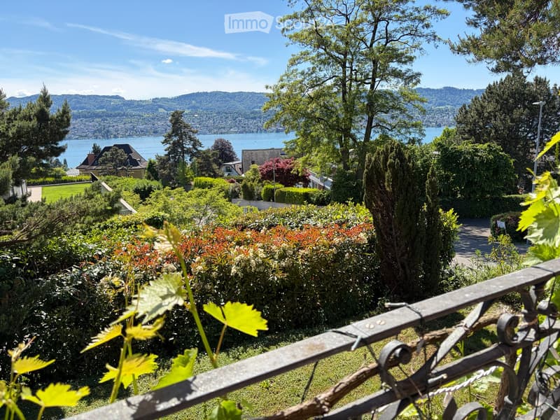 Garden / Outdoor Area. A scenic garden view with lush greenery, a metal railing in the foreground, and a distant lake and mountains visible beyond the trees.