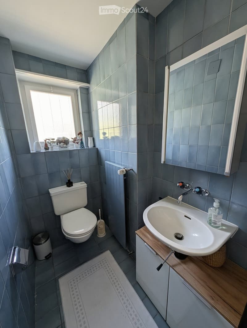 Bathroom. Modern bathroom with grey tiled walls and floor, white toilet, sink with wooden cabinet, mirror, and small decorative items on the windowsill.