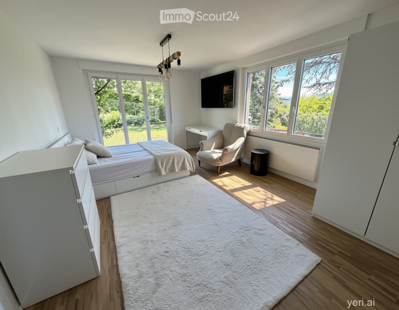 Bedroom. Bright bedroom with wooden flooring, large windows offering a view of greenery, a bed with pillows and a blanket, a chair, a small table, and a television mounted on the wall.