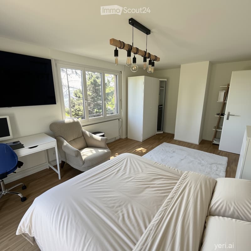 Bedroom. Modern bedroom with a large bed, armchair, desk, and wardrobe. Large windows provide natural light, and a stylish pendant light hangs from the ceiling.