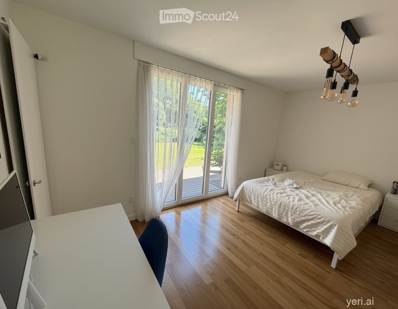 Bedroom. Bright bedroom with wooden flooring, large window with white curtains, bed with white bedding, a desk with a chair, and a nightstand.