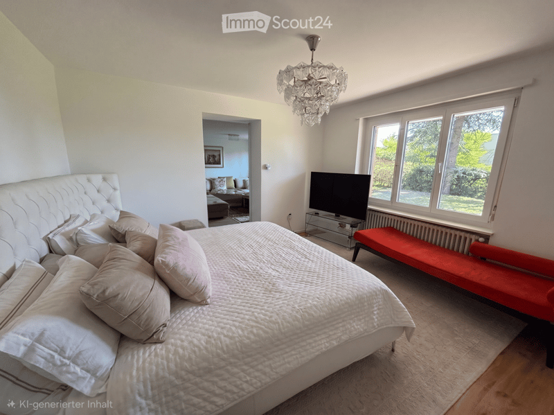 Bedroom. Bright bedroom with a large bed, pillows, a red bench, a television, and a chandelier. The room has large windows with a view of greenery outside.