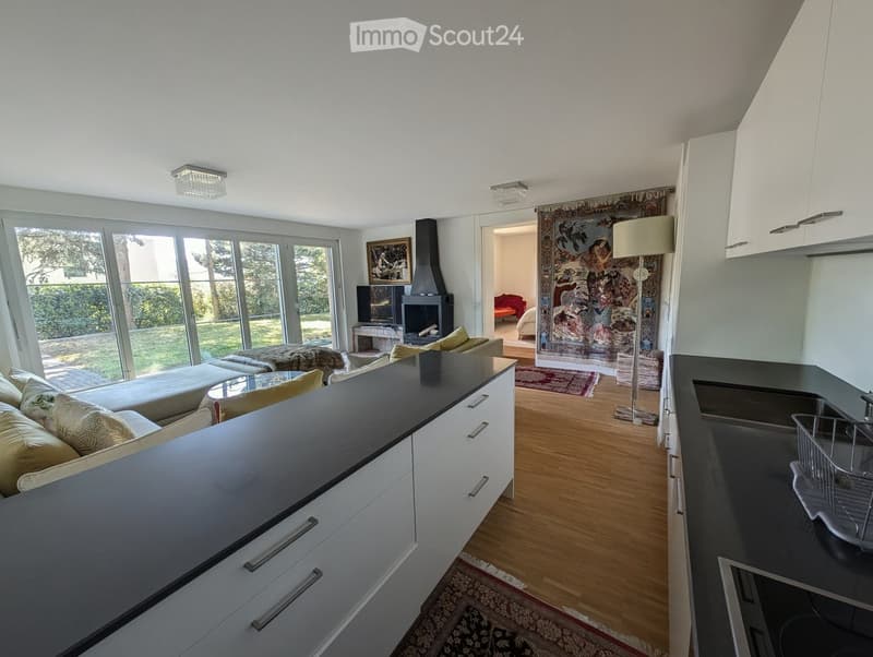 Furnished Room. Modern living and kitchen area with a sofa, coffee table, fireplace, TV, kitchen island, sink, and floor lamp.