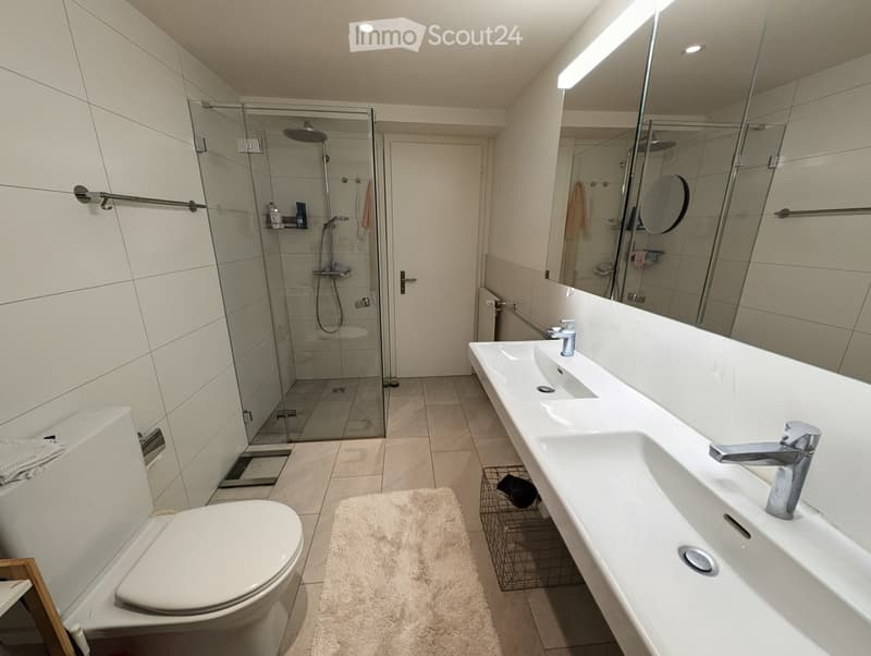 Bathroom. Modern bathroom with white tiles, a large double sink, a toilet, a glass-enclosed shower, and a large mirror. Includes a small basket and a towel on the floor.