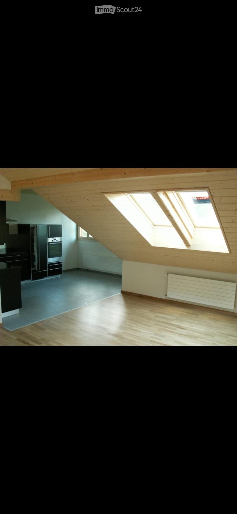 Empty attic space with wooden beams, skylights, and wooden flooring. No furniture or equipment present.