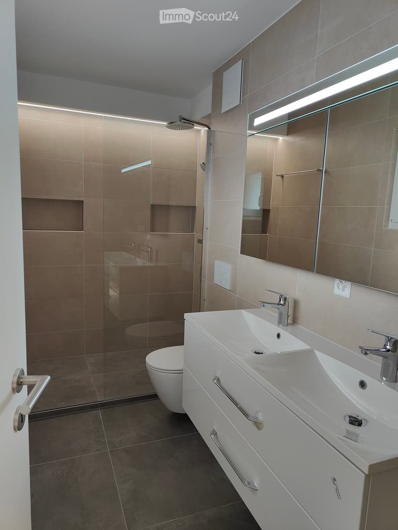 Modern bathroom with a double sink, large mirror, toilet, and glass-enclosed shower with a modern showerhead.