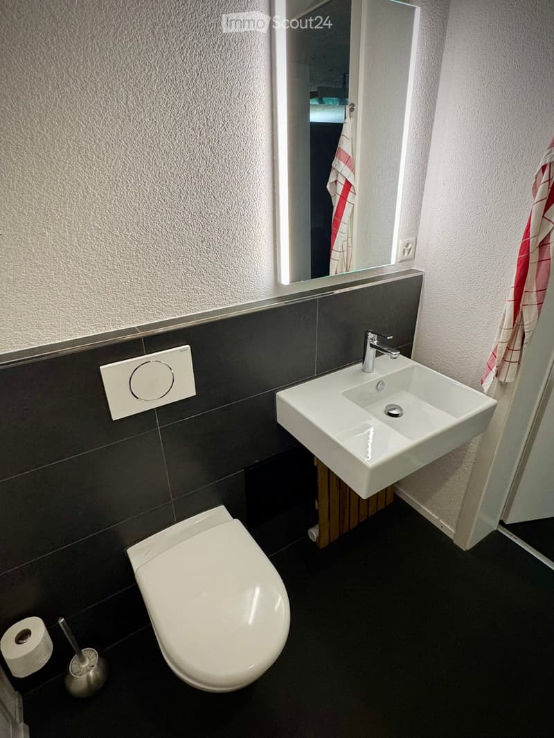 Modern bathroom with a white sink, chrome faucet, toilet, and a large illuminated mirror above the sink. Dark tiles on walls and floor, with a towel hanging on the side.