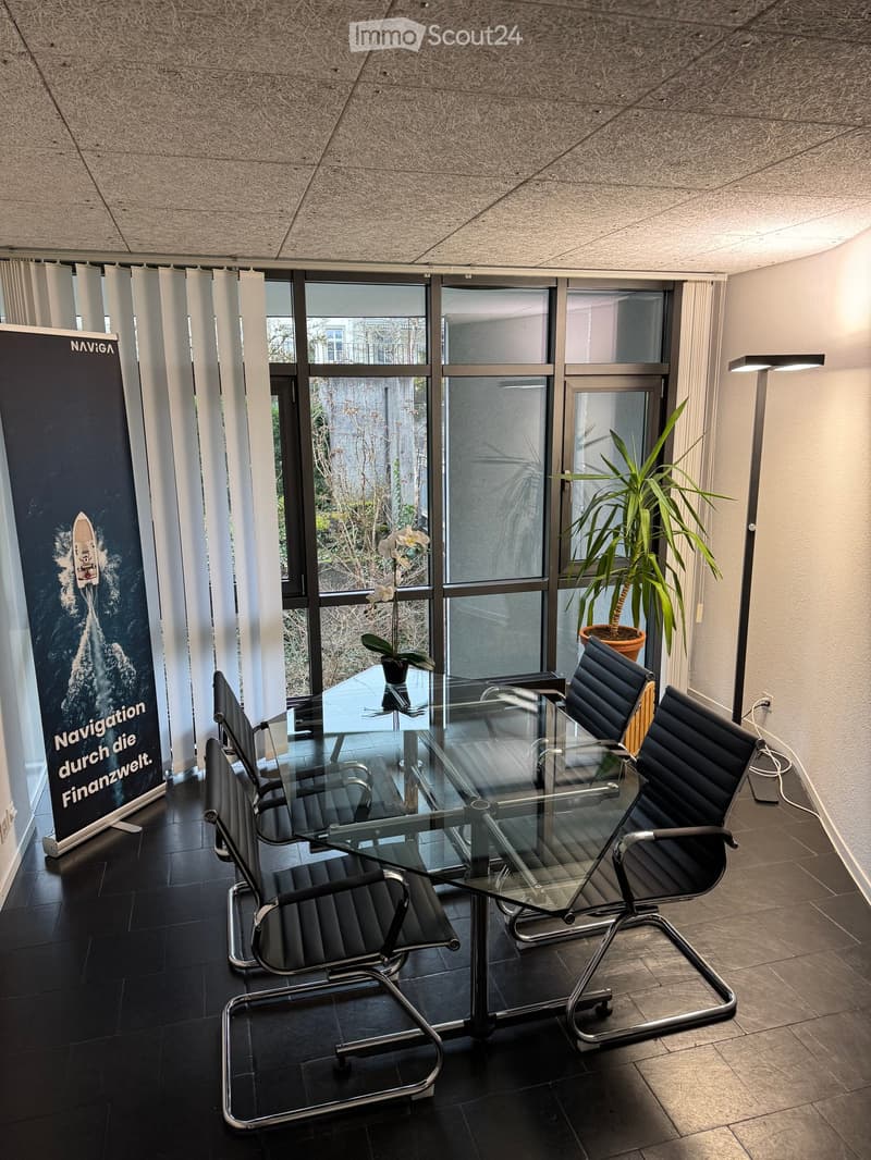 Modern office space with a glass table, black chairs, potted plants, and large windows with a view of greenery.
