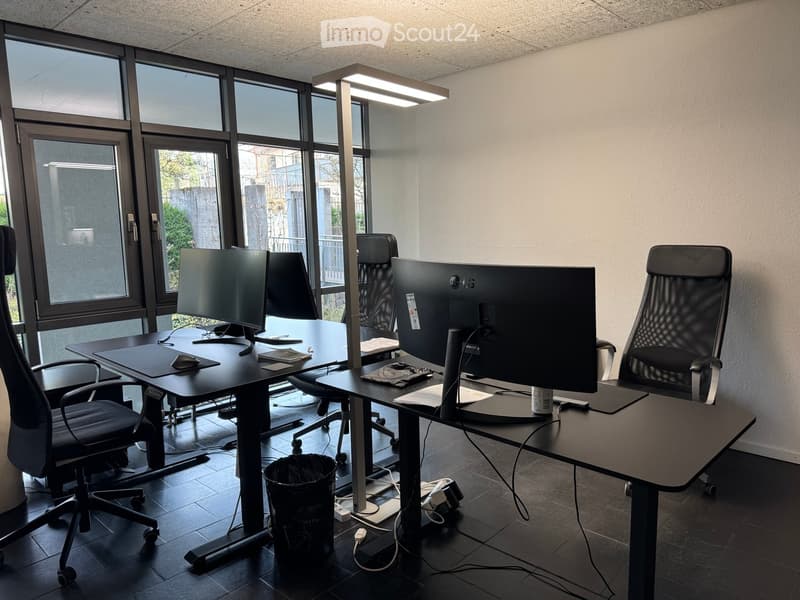 Modern office space with two desks, ergonomic chairs, dual monitors, keyboards, and mice. Large windows provide natural light.