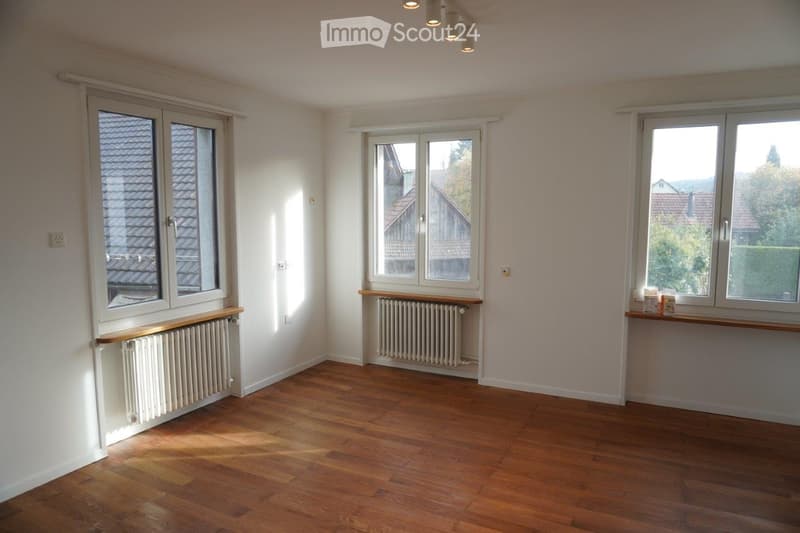 Empty room with wooden flooring, white walls, and multiple windows offering views of neighboring rooftops and greenery. Radiators are present beneath the windows.