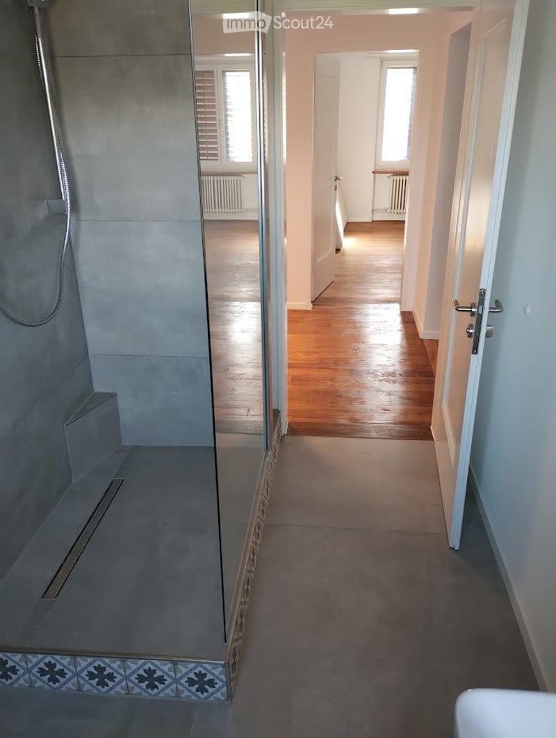 A clean, modern hallway with wooden flooring and white walls, leading to a bathroom with a glass-enclosed shower and decorative tiles.