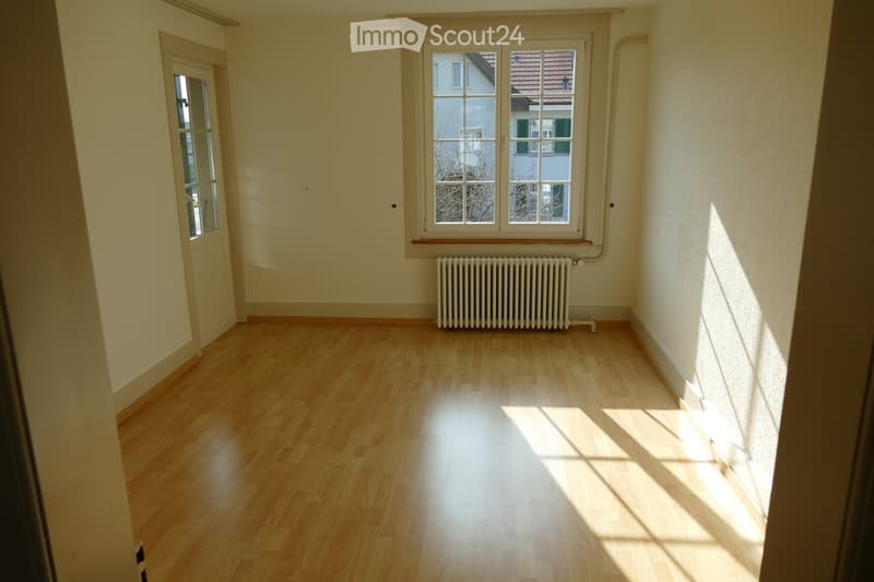 Empty room with wooden flooring, light-colored walls, and a radiator under a large window. Sunlight streams in, casting shadows on the floor.