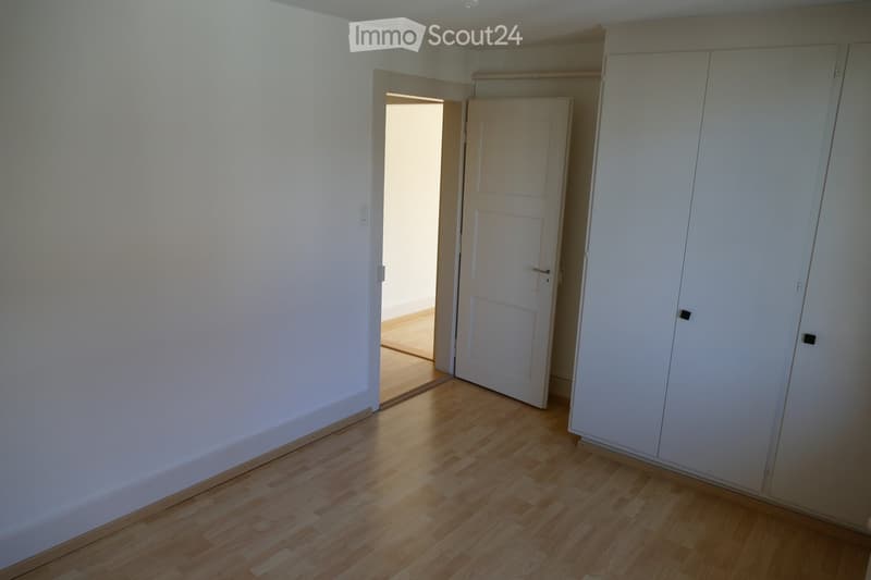 Empty room with light wooden flooring, white walls, and built-in closet. A door leads to another room.