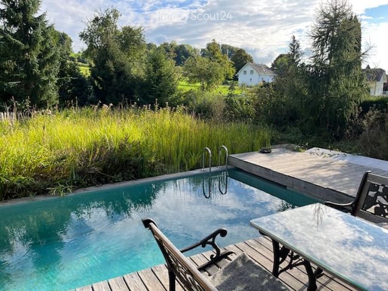 Private outdoor area with a swimming pool, wooden deck, lounge chairs, and surrounding greenery.