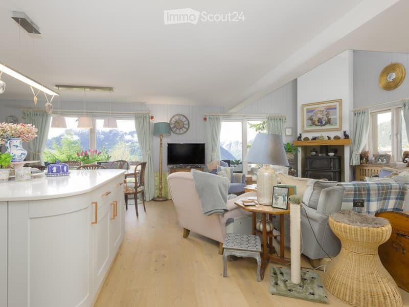 white kitchen, fireplace, windows, sofa, chair, armchair, table, television, lamp, potted plants, picture frames