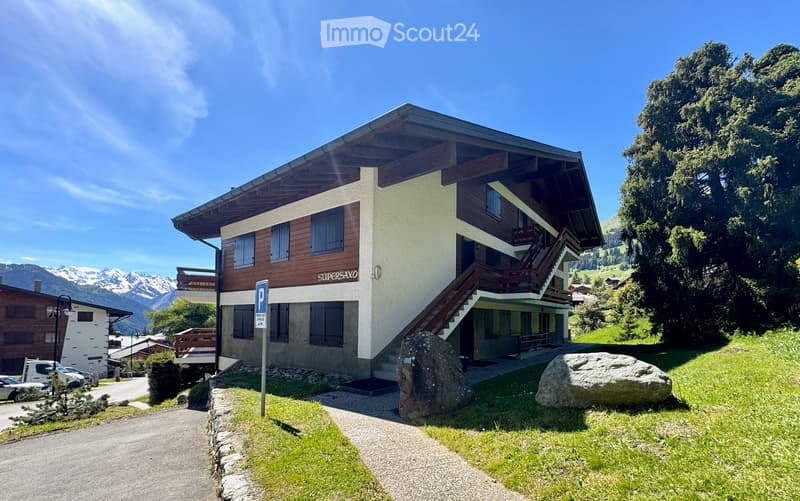 wood and plaster facade, glass windows, wooden balconies, 3 stories, red roof, driveway
