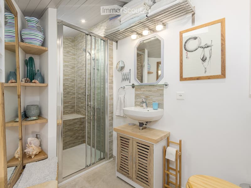 Modern bathroom with a shower stall, glass doors, a vanity with a sink, a wooden shelf, decorative items on shelves, and a mirror above the vanity.