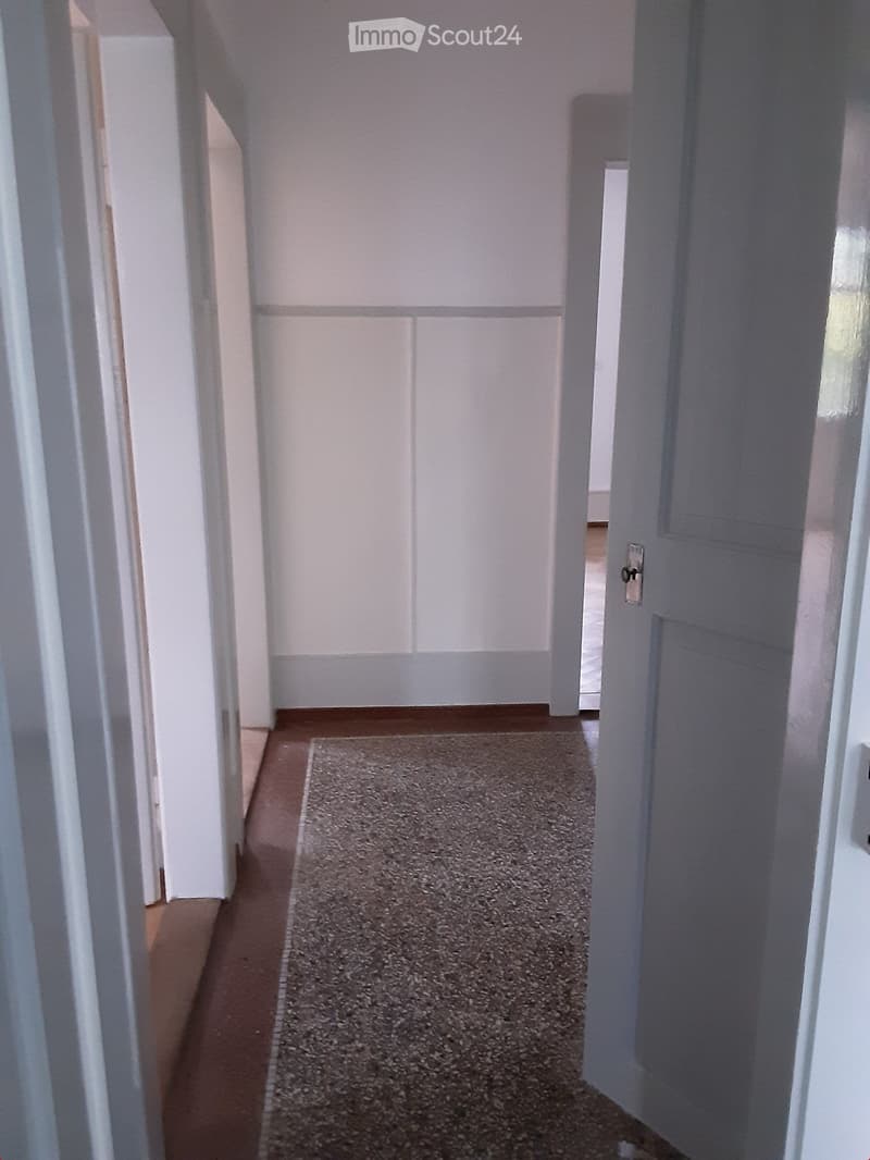 A narrow hallway with white walls, a carpeted section in the center, and doors on either side.