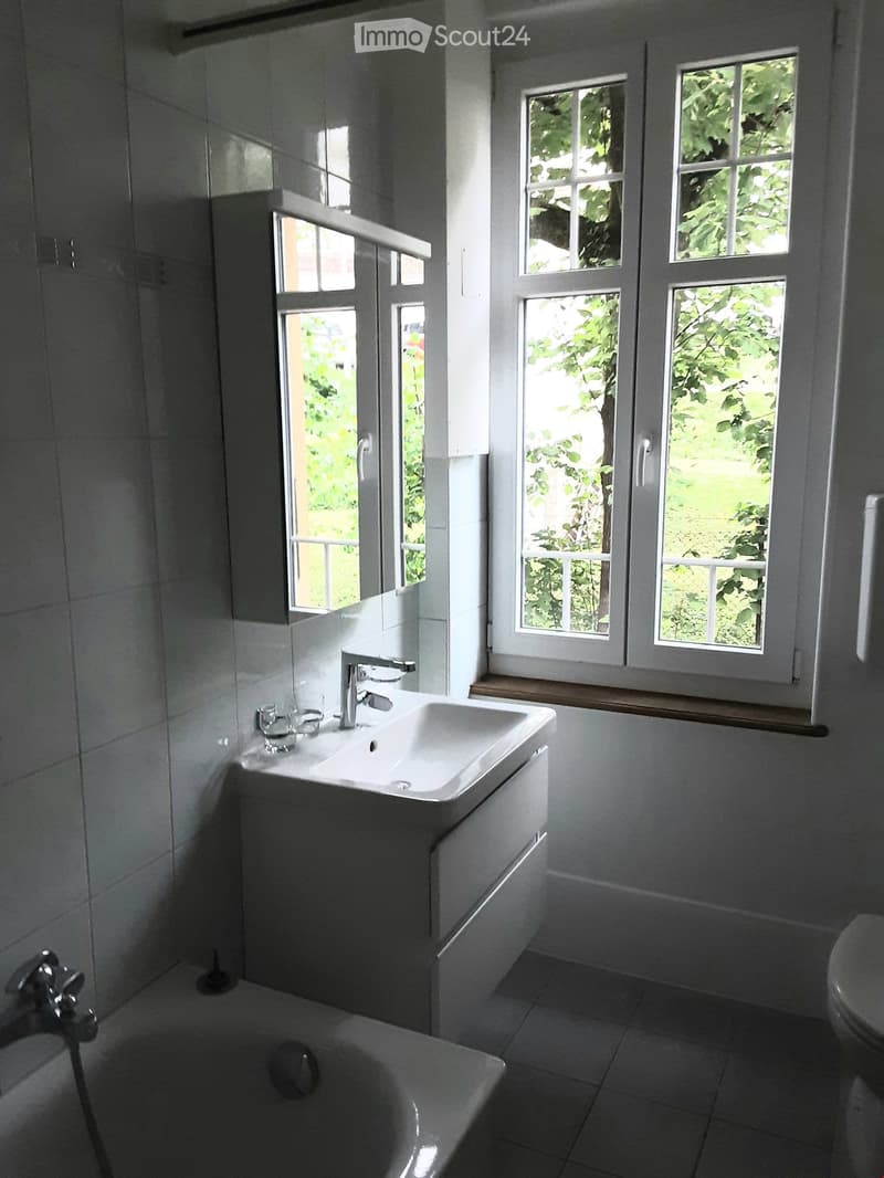 Modern bathroom with a white sink, faucet, bathtub, and toilet. Large windows with white frames offer natural light and a view of greenery outside.