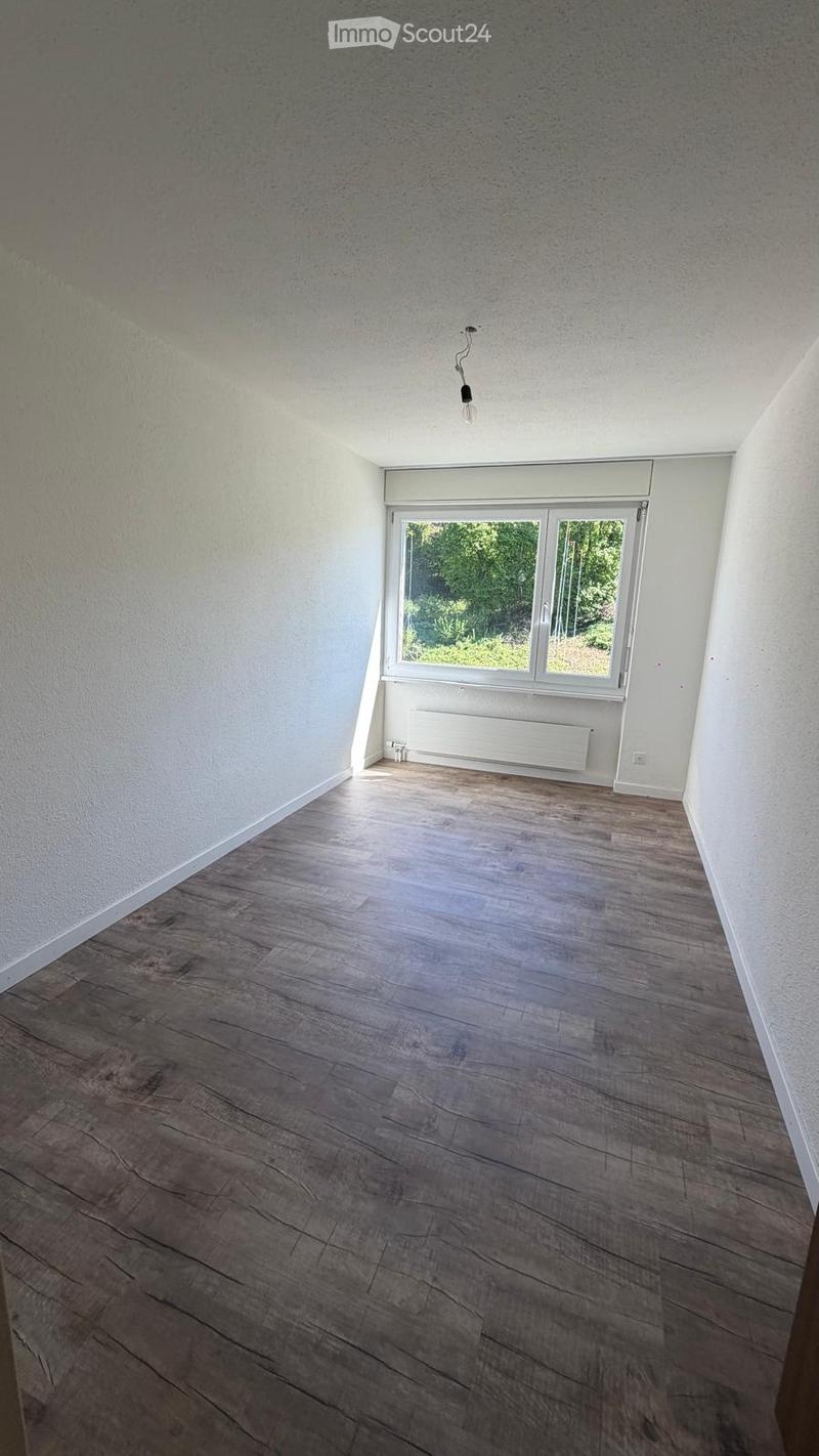 Empty room with wooden flooring, white walls, large window, radiator, and a single light fixture on the ceiling.