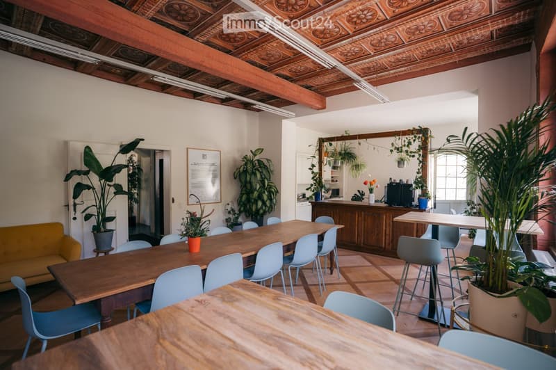 Bright, open room with exposed wooden beams and decorative ceiling tiles. Features a large wooden table surrounded by light blue chairs, a yellow sofa, several potted plants, and a small kitchen area with cabinets and appliances.