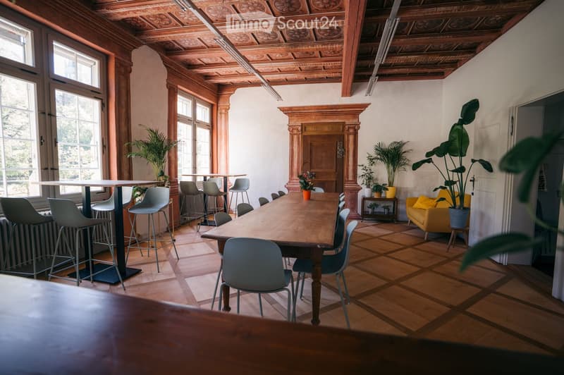 Bright, airy room with wooden floors, large windows, and a mix of modern and classic furniture including a long wooden table, chairs, a sofa, and several potted plants.