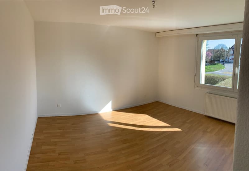 empty room, wooden floor, white walls, window, heater