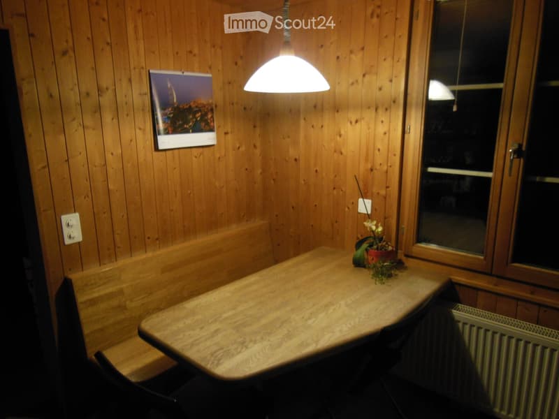 Wooden dining area with a table, bench seating, and a hanging pendant light. A potted plant sits on the table near a large window.