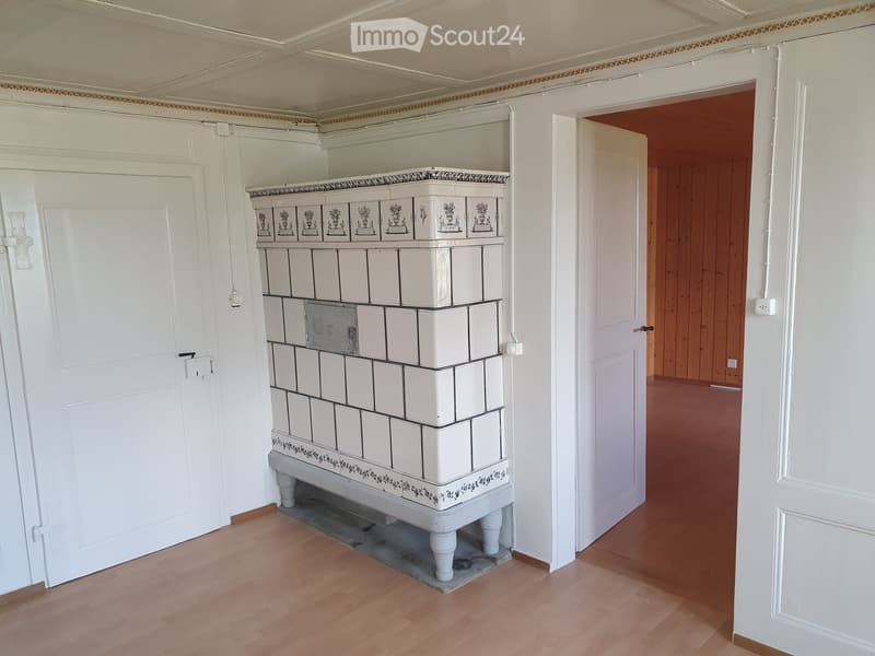 Empty hallway with wooden flooring, white walls, and a decorative fireplace in the corner. A doorway leads to another room with wooden paneling.
