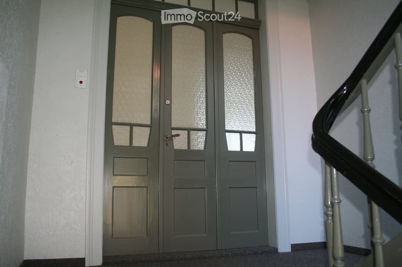 A hallway with a grey double door featuring frosted glass panels and a black handrail leading to a staircase.