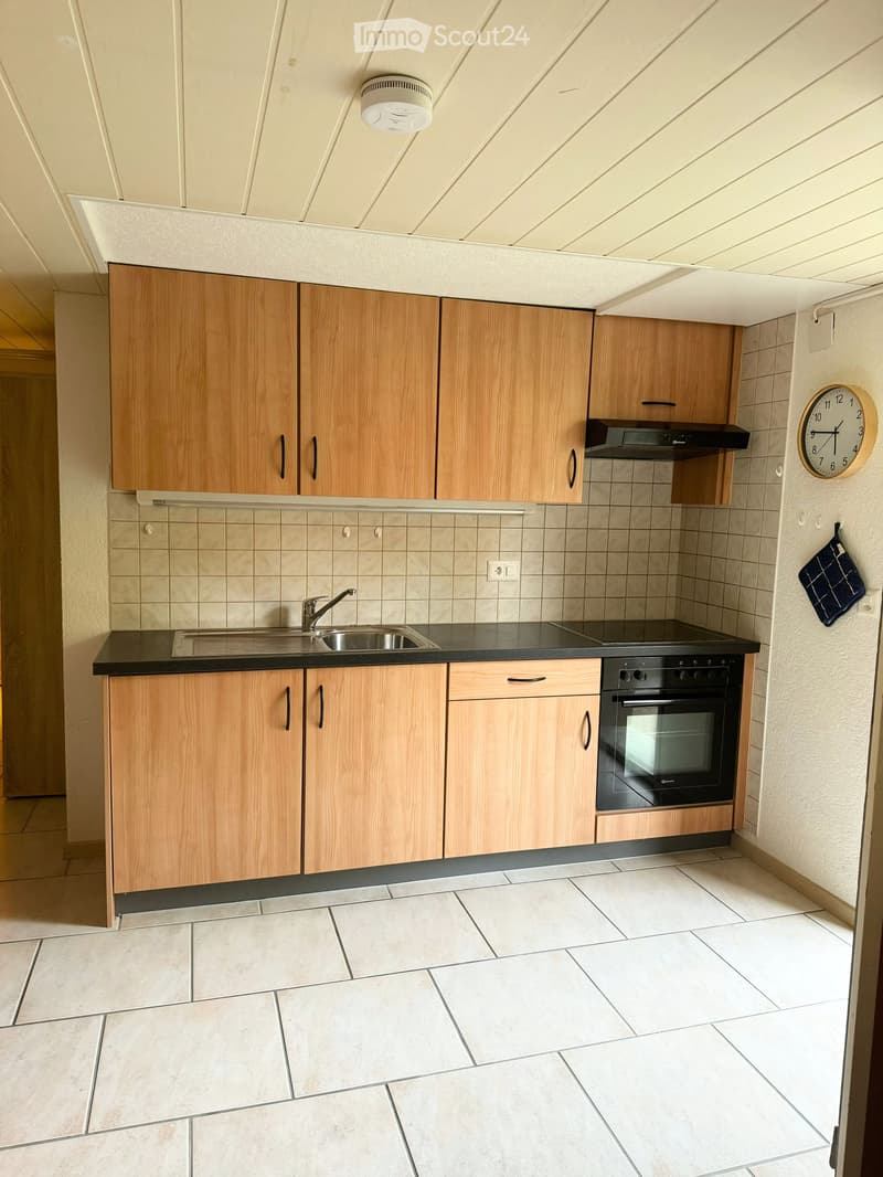 Modern kitchen with light wooden cabinets, stainless steel sink and faucet, built-in oven, range hood, and tiled backsplash.