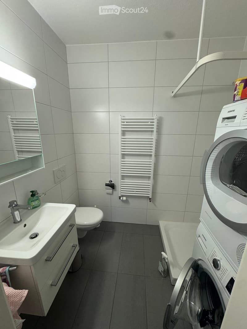 Modern bathroom with a sink, toilet, towel rack, and a washing machine. The room features tiled walls and a light fixture above the mirror.