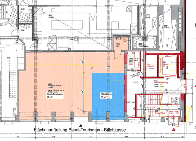 Floor plan of Basel-Tourismus ticket office, showing ticket office area, reception, and surrounding spaces.