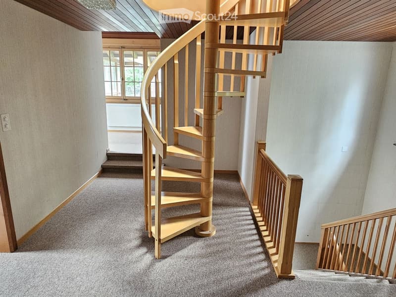 Spiral staircase with wooden railings and carpeted floor, leading to a bright room with large windows and a view of greenery.