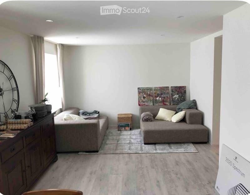 Modern living room with light-colored wood flooring, two gray sofas, a coffee table, a small side table, and decorative art pieces on the wall.