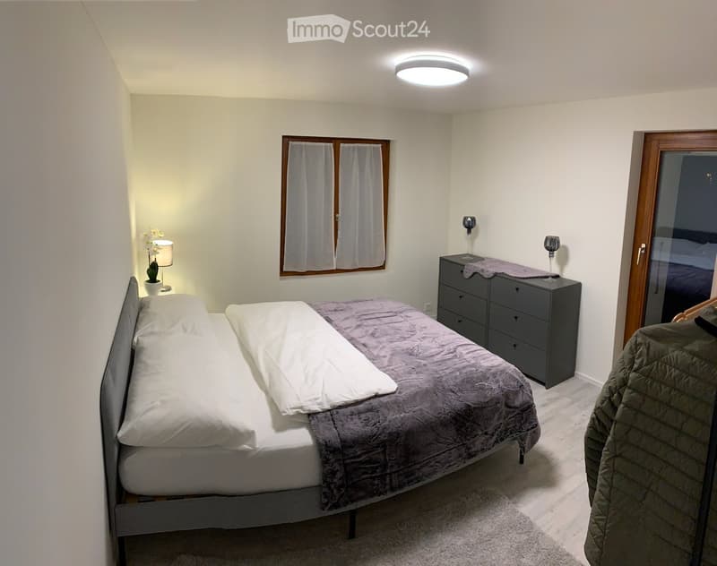 Cozy bedroom with a large bed, nightstand, lamp, flower pot, drawer unit, and wine glasses on the dresser.
