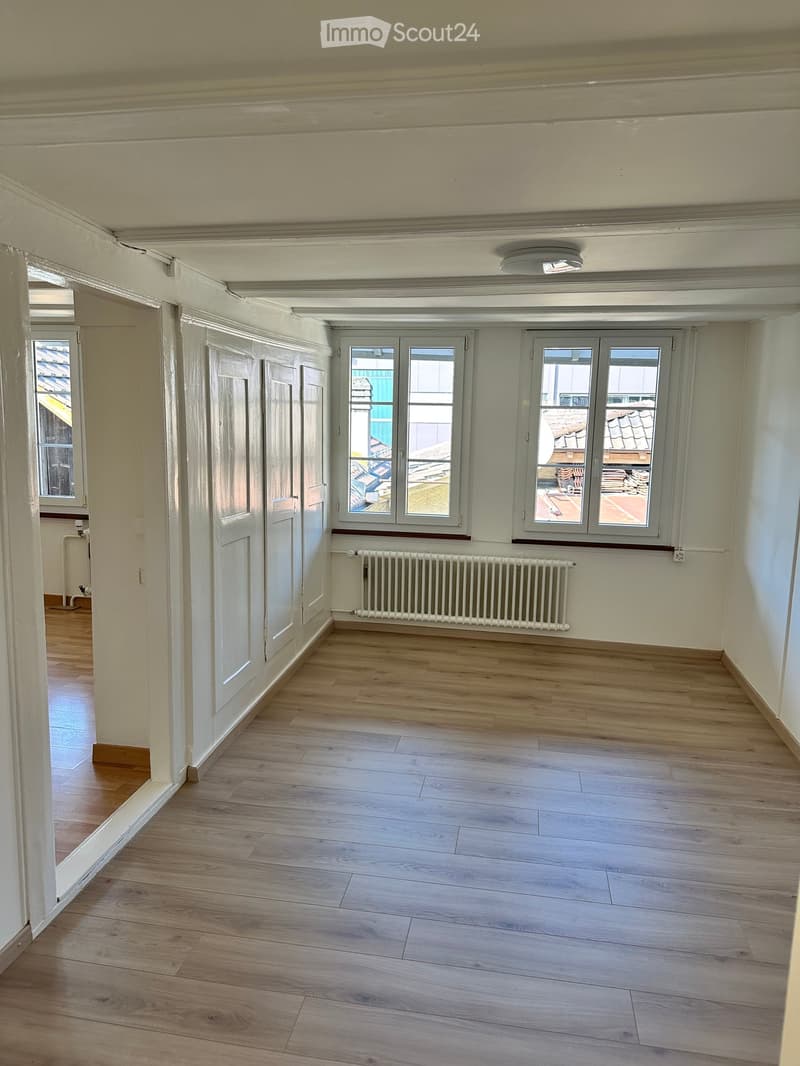 Empty room with light wooden flooring, white walls, and large windows offering a view of rooftops. Features include a radiator and a ceiling light fixture.