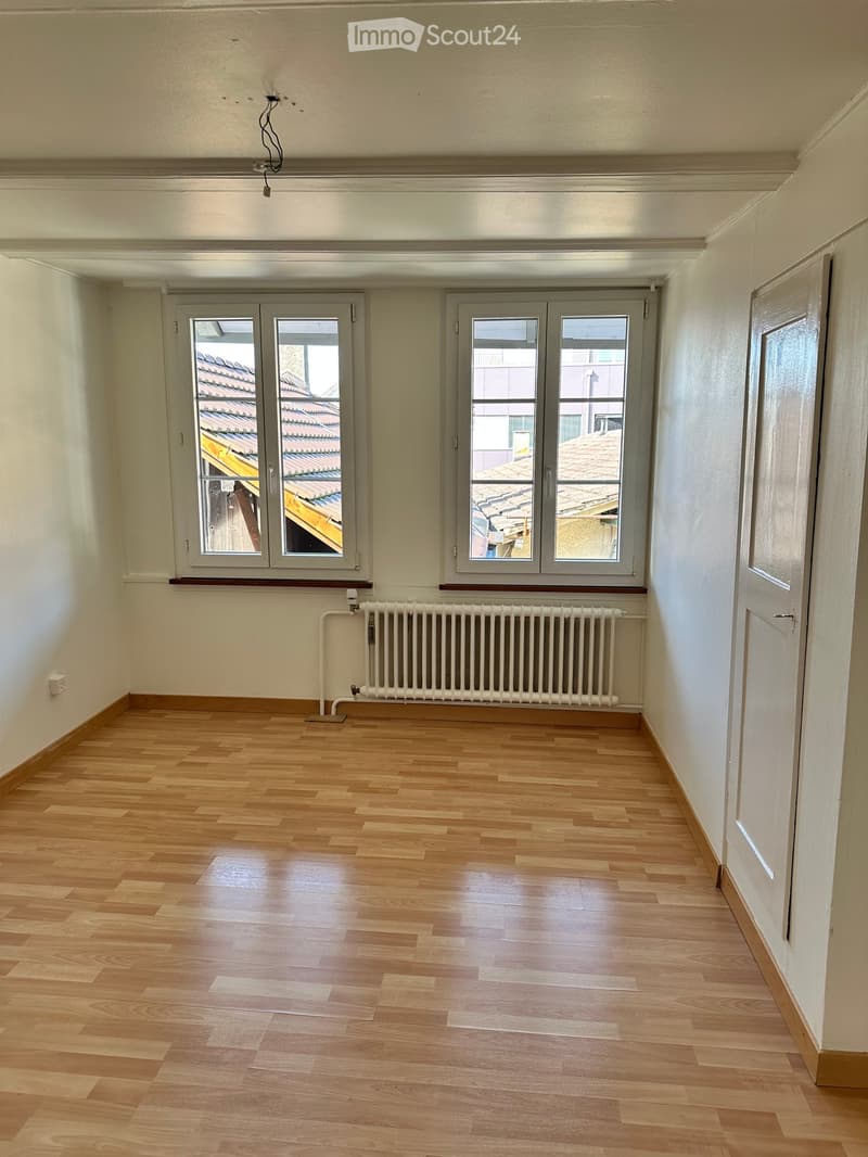 Empty room with light wooden flooring, white walls, and two windows offering a view of the roof. A radiator is positioned below the windows.