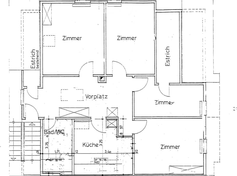 Floor plan showing a layout with four bedrooms, a kitchen, a bathroom, and a hallway.