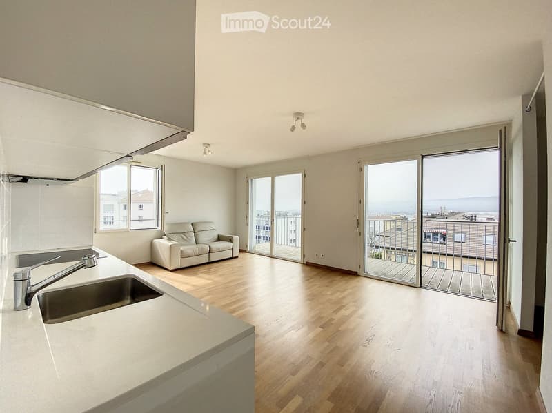 Furnished Room. Bright, open living space with light wooden flooring, white walls, a modern sofa, a kitchen sink with a faucet, and large sliding glass doors leading to a balcony with a city view.